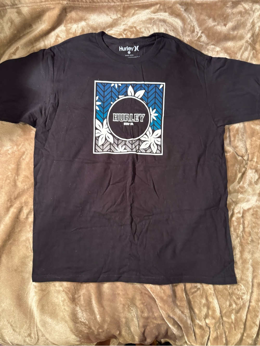 Hurley Black Tee with Blue & White Floral Square Graphic